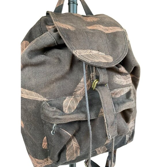 BAGGU  Black/Brown Feathers 100% Recycled Cotton Canvas Drawstring Backpack - Picture 6 of 10